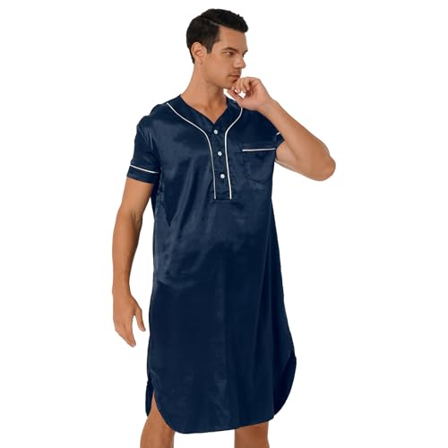 JanJean Herren Satin Nachthemd V-Ausschnitt Sleepshirt Kurzarm Button Down Pyjama Hemd mit Tasche Langarm Nachtwäsche C Dunkelblau XXL von JanJean