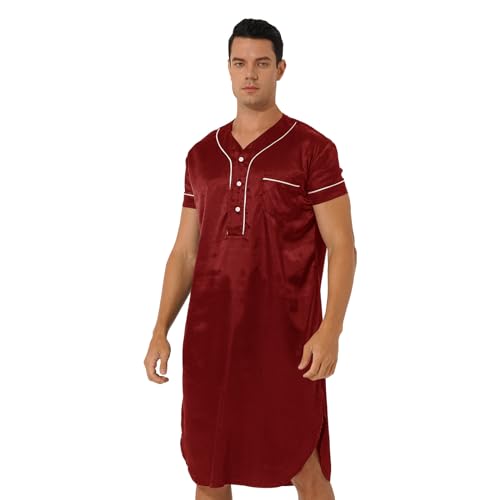 JanJean Herren Satin Nachthemd V-Ausschnitt Sleepshirt Kurzarm Button Down Pyjama Hemd mit Tasche Langarm Nachtwäsche C Burgund L von JanJean