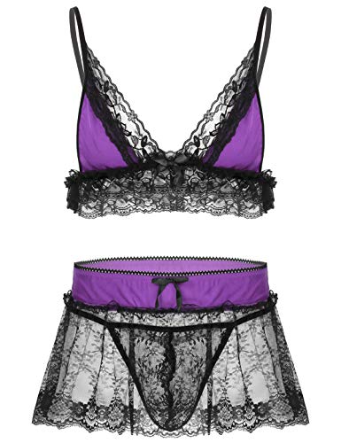 JanJean Herren Sissy Dessous Unterwäsche Set Spitze BH Bra + Transparent Mesh Minirock + G-String Tanga Slip Reizvolle Babydoll Nachtwäsche Violett XL von JanJean