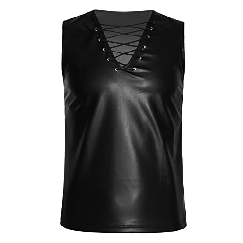 JanJean Herren Wetlook Shirt Muskelshirt Hemd mit Reißverschluss Kunstleder Tank Top Ärmellose Weste Freizeithemd Unterhemd Clubwear Schwarz Y M von JanJean