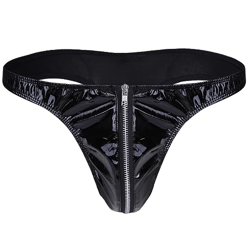 JanJean Herren Wetlook Slip Tanga Lack Leder String Tanga Sexy Männer Unterhose Thong mit Reißverschluss Unterwäsche Schwarz Schwarz L von JanJean