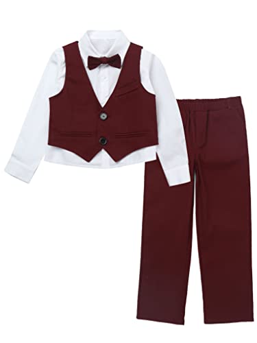 JanJean Jungen Bekleidungssets Gentleman Anzuge Kinder Weste + Langarm Hemd + Hosen + Krawatte Taufanzug Party Geburtstag Outfit Burgundy 80-92 von JanJean