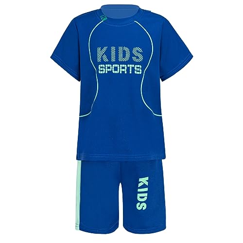 JanJean Jungen Sommer Sportanzug Set Kurzarm T-Shirt mit Sportshorts Jogginganzug Trainingsanzug Basketball Fußball Trikot X Blau 110-116 von JanJean