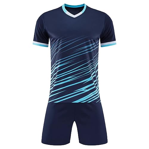 JanJean Jungen Sportanzug T Shirt＋Shorts Sportbekleidung Trainingsanzug Fußball Basketball Trikot Fitness Outfit Z Navy blau 128-134 von JanJean