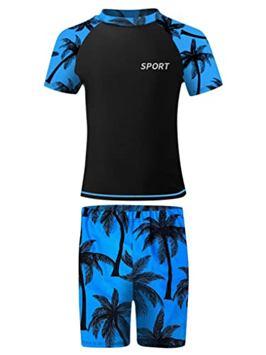 JanJean Jungen Zweiteiler Badeanzug Bademode Kinder Kurzarm Bedruckt Schwimmen T-Shirt und Badeshorts Schwimmbekleidung Blau 128-140 von JanJean