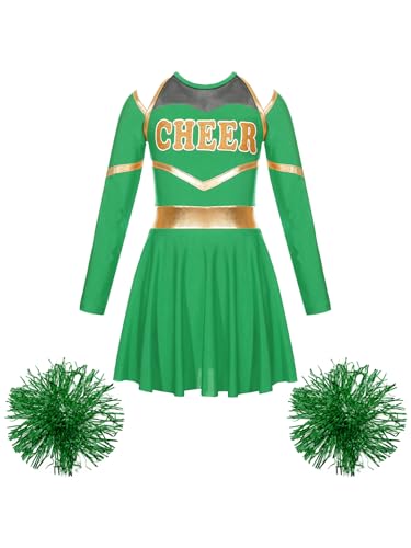 JanJean Kinder Cheer Leader Kostüm Mädchen Langarm Cheerleading Uniform Schulterfrei Kleid mit Pompoms/Harrband Schulmädchen Tanzkleid Halloween Cheerleading Outfits Grün 134-140 von JanJean