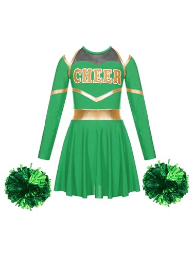 JanJean Kinder Cheer Leader Kostüm Mädchen Langarm Cheerleading Uniform Schulterfrei Kleid mit Pompoms/Harrband Schulmädchen Tanzkleid Halloween Cheerleading Outfits W Grün 122-128 von JanJean