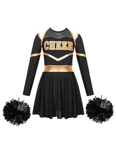 JanJean Kinder Cheer Leader Kostüm Mädchen Langarm Cheerleading Uniform Schulterfrei Kleid mit Pompoms/Harrband Schulmädchen Tanzkleid Halloween Cheerleading Outfits W Schwarz 134-140 von JanJean