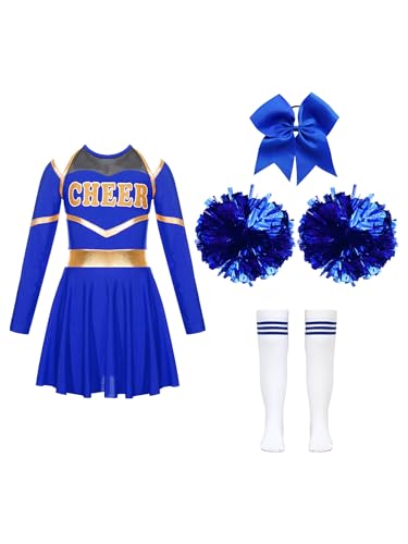 JanJean Kinder Cheer Leader Kostüm Mädchen Langarm Cheerleading Uniform Schulterfrei Kleid mit Pompoms/Harrband Schulmädchen Tanzkleid Halloween Cheerleading Outfits X Dunkelblau 110-116 von JanJean