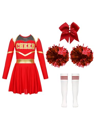 JanJean Kinder Cheer Leader Kostüm Mädchen Langarm Cheerleading Uniform Schulterfrei Kleid mit Pompoms/Harrband Schulmädchen Tanzkleid Halloween Cheerleading Outfits X Rot 134-140 von JanJean