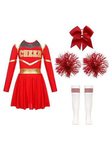 JanJean Kinder Cheer Leader Kostüm Mädchen Langarm Cheerleading Uniform Schulterfrei Kleid mit Pompoms/Harrband Schulmädchen Tanzkleid Halloween Cheerleading Outfits Y Rot 146-152 von JanJean