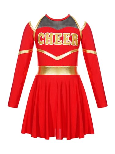 JanJean Kinder Cheer Leader Kostüm Mädchen Langarm Cheerleading Uniform Schulterfrei Kleid mit Pompoms/Harrband Schulmädchen Tanzkleid Halloween Cheerleading Outfits Z Rot 134-140 von JanJean