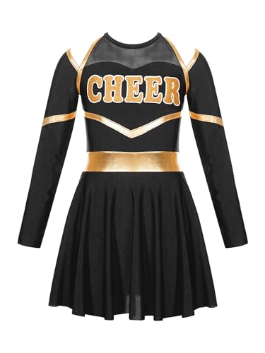 JanJean Kinder Cheer Leader Kostüm Mädchen Langarm Cheerleading Uniform Schulterfrei Kleid mit Pompoms/Harrband Schulmädchen Tanzkleid Halloween Cheerleading Outfits Z Schwarz 134-140 von JanJean