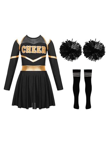 JanJean Kinder Cheer Leader Kostüm Mädchen Langarm Cheerleading Uniform Schulterfrei Kleid mit Pompoms/Harrband Schulmädchen Tanzkleid Halloween Cheerleading Outfits Zb Schwarz 134-140 von JanJean