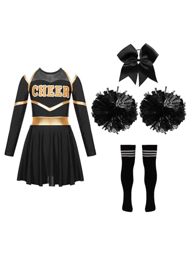 JanJean Kinder Cheer Leader Kostüm Mädchen Langarm Cheerleading Uniform Schulterfrei Kleid mit Pompoms/Harrband Schulmädchen Tanzkleid Halloween Cheerleading Outfits X Schwarz 134-140 von JanJean