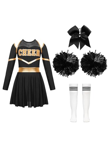 JanJean Kinder Cheer Leader Kostüm Mädchen Langarm Cheerleading Uniform Schulterfrei Kleid mit Pompoms/Harrband Schulmädchen Tanzkleid Halloween Cheerleading Outfits X Schwarzweiss 134-140 von JanJean