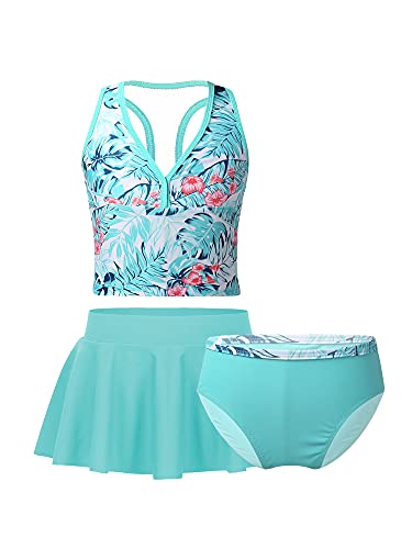 JanJean Kinder Mädchen Bikini Badeanzug mit Rüschen Dreiteiliger Bikini Tops + Rock+ Slip Sets UV-Schutz Badebekleidung Strandbekleidung Minzgrün 122-128 von JanJean