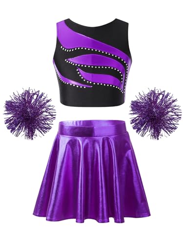 JanJean Kinder Mädchen Cheer Leader Kostüm Strassstein Crop Top Metallic Minirock mit Pompoms Cheerleadering Outfit Tanzkostüm Halloween Fasching Kostüm G Lila 134-140 von JanJean