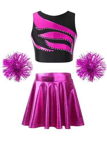 JanJean Kinder Mädchen Cheer Leader Kostüm Strassstein Crop Top Metallic Minirock mit Pompoms Cheerleadering Outfit Tanzkostüm Halloween Fasching Kostüm G Rosa 146-152 von JanJean