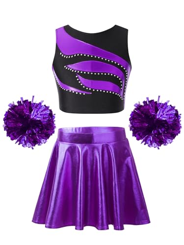 JanJean Kinder Mädchen Cheer Leader Kostüm Strassstein Crop Top Metallic Minirock mit Pompoms Cheerleadering Outfit Tanzkostüm Halloween Fasching Kostüm H Violett 158-164 von JanJean