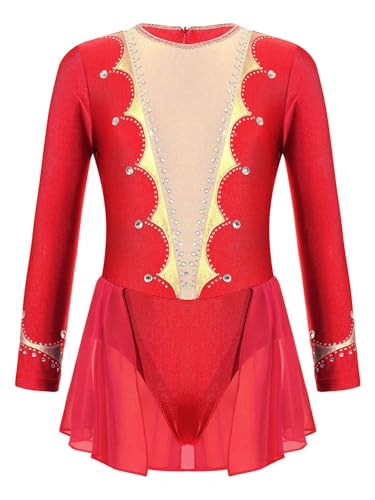 JanJean Kinder Mädchen Eiskunstlauf Kleid Rundhals Glitzer Ballettbody Jumpsuit mit Strass Tüll Rock Ballettkleidung Ballettanzug Langarm Tanzkostüm A Rot 158-164 von JanJean