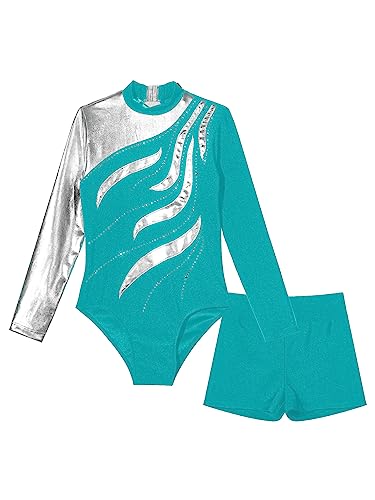 JanJean Mädchen Gymnastikanzug Metallic Ballettanzug Langarm Turnanzug Ballett Trikot mit Kurze Hose Leotard Wettbewerb Tanzkostüm W blauer See 134-140 von JanJean