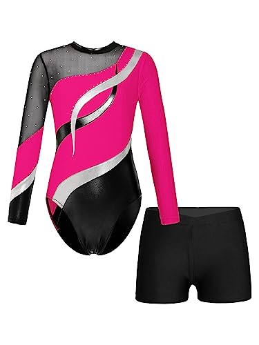 JanJean Kinder Mädchen Gymnastikanzug Glänzend Ballettanzug Langarm Turnanzug Ballett Trikot mit Kurze Hose Wettbewerb Tanzkostüm X Hot Pink 122-128 von JanJean