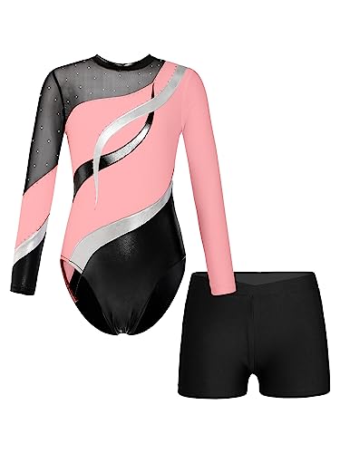 JanJean Kinder Mädchen Gymnastikanzug Glänzend Ballettanzug Langarm Turnanzug Ballett Trikot mit Kurze Hose Wettbewerb Tanzkostüm X Rosa 110-116 von JanJean