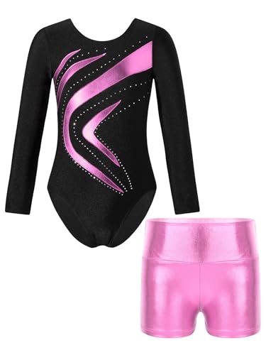 JanJean Mädchen Gymnastikanzug Metallic Ballettanzug Langarm Turnanzug Ballett Trikot mit Kurze Hose Leotard Wettbewerb Tanzkostüm Z Rosa 134-140 von JanJean