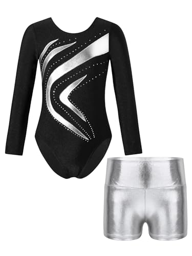 JanJean Mädchen Gymnastikanzug Metallic Ballettanzug Langarm Turnanzug Ballett Trikot mit Kurze Hose Leotard Wettbewerb Tanzkostüm Z Silber 146-152 von JanJean