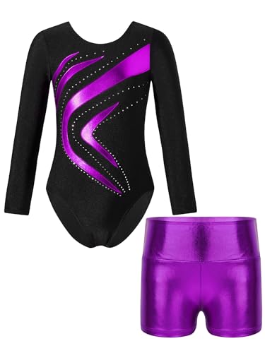 JanJean Mädchen Gymnastikanzug Metallic Ballettanzug Langarm Turnanzug Ballett Trikot mit Kurze Hose Leotard Wettbewerb Tanzkostüm Z Violett 122-128 von JanJean