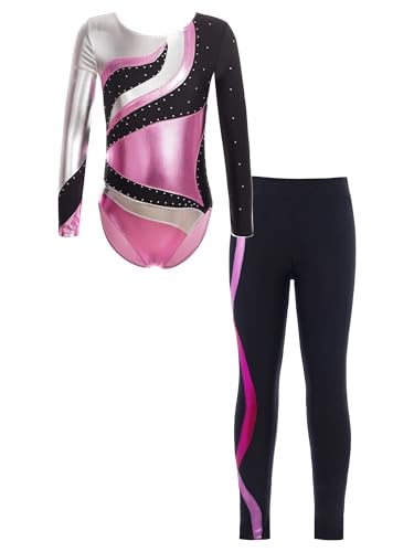 JanJean Kinder Mädchen Gymnastikanzug Langarm Turnanzug Ballettanzug mit Leggings Sport Hose Strass Tanzbody Gllitzer Turnbody Trainingsanzug Rosa 122-128 von JanJean