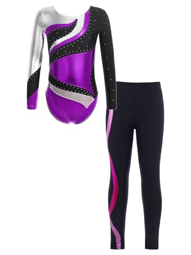 JanJean Kinder Mädchen Gymnastikanzug Langarm Turnanzug Ballettanzug mit Leggings Sport Hose Strass Tanzbody Gllitzer Turnbody Trainingsanzug Violett 122-128 von JanJean