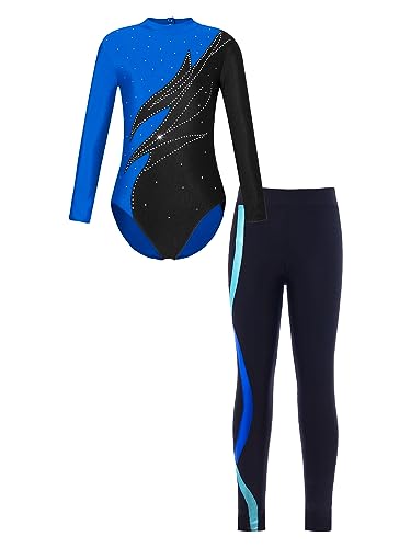 JanJean Kinder Mädchen Gymnastikanzug Langarm Turnanzug Ballettanzug mit Leggings Sport Hose Strass Tanzbody Gllitzer Turnbody Trainingsanzug W Blau 134-140 von JanJean