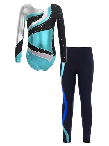 JanJean Kinder Mädchen Gymnastikanzug Langarm Turnanzug Ballettanzug mit Leggings Sport Hose Strass Tanzbody Gllitzer Turnbody Trainingsanzug Blau 122-128 von JanJean