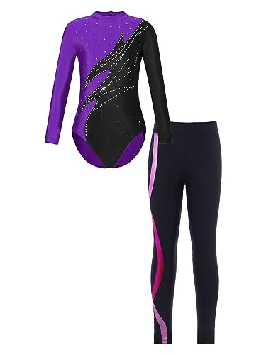 JanJean Kinder Mädchen Gymnastikanzug Langarm Turnanzug Ballettanzug mit Leggings Sport Hose Strass Tanzbody Gllitzer Turnbody Trainingsanzug W Purpur Rosa 134-140 von JanJean