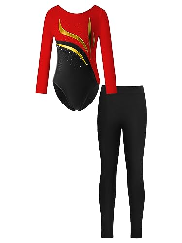 JanJean Kinder Mädchen Gymnastikanzug Langarm Turnanzug Ballettanzug mit Leggings Sport Hose Strass Tanzbody Gllitzer Turnbody Trainingsanzug X Rot 122-128 von JanJean