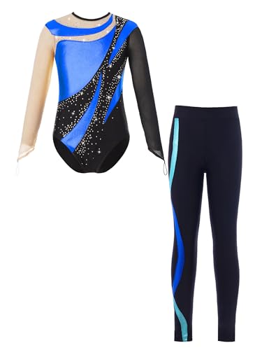 JanJean Kinder Mädchen Gymnastikanzug Langarm Turnanzug Ballettanzug mit Leggings Sport Hose Strass Tanzbody Gllitzer Turnbody Trainingsanzug Xa Königsblau 122-128 von JanJean