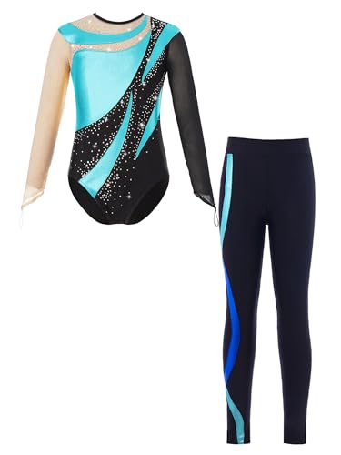 JanJean Kinder Mädchen Gymnastikanzug Langarm Turnanzug Ballettanzug mit Leggings Sport Hose Strass Tanzbody Gllitzer Turnbody Trainingsanzug Xa Türkis 134-140 von JanJean