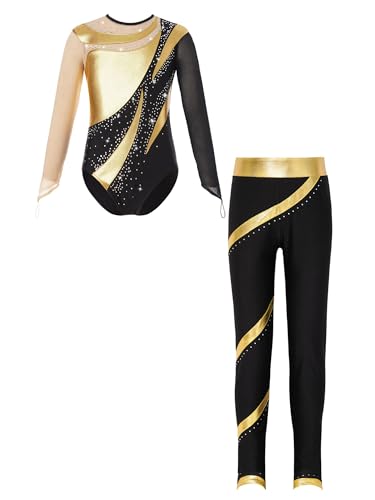 JanJean Kinder Mädchen Gymnastikanzug Langarm Turnanzug Ballettanzug mit Leggings Sport Hose Strass Tanzbody Gllitzer Turnbody Trainingsanzug Xb Gold 110-116 von JanJean