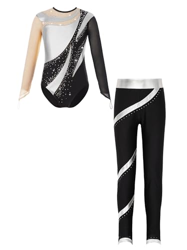 JanJean Kinder Mädchen Gymnastikanzug Langarm Turnanzug Ballettanzug mit Leggings Sport Hose Strass Tanzbody Gllitzer Turnbody Trainingsanzug Xb Silber 146-152 von JanJean