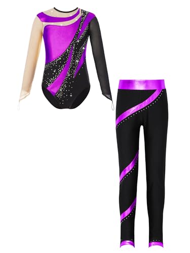 JanJean Kinder Mädchen Gymnastikanzug Langarm Turnanzug Ballettanzug mit Leggings Sport Hose Strass Tanzbody Gllitzer Turnbody Trainingsanzug Xb Violett 110-116 von JanJean