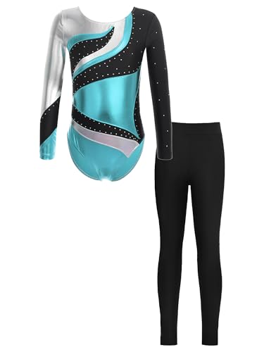 JanJean Kinder Mädchen Gymnastikanzug Langarm Turnanzug Ballettanzug mit Leggings Sport Hose Strass Tanzbody Gllitzer Turnbody Trainingsanzug Y Hellblau 158-164 von JanJean