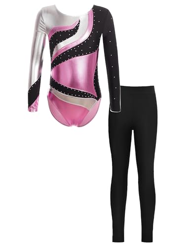 JanJean Kinder Mädchen Gymnastikanzug Langarm Turnanzug Ballettanzug mit Leggings Sport Hose Strass Tanzbody Gllitzer Turnbody Trainingsanzug Y Rosa 146-152 von JanJean