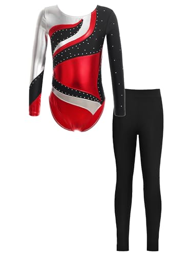 JanJean Kinder Mädchen Gymnastikanzug Langarm Turnanzug Ballettanzug mit Leggings Sport Hose Strass Tanzbody Gllitzer Turnbody Trainingsanzug Y Rot 134-140 von JanJean