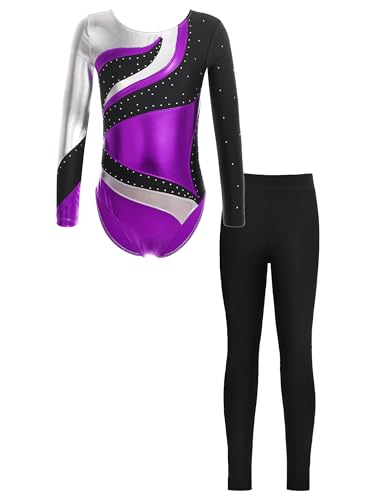 JanJean Kinder Mädchen Gymnastikanzug Langarm Turnanzug Ballettanzug mit Leggings Sport Hose Strass Tanzbody Gllitzer Turnbody Trainingsanzug Y Violett 122-128 von JanJean