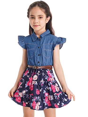 JanJean Kinder Mädchen Jeanskleid Sommerkleider Denim Kleider Ärmellose Blumendruck Rüschenkleid Freizeitkleider A-Linie Kleid Knielang Navy Blau A 128 von JanJean