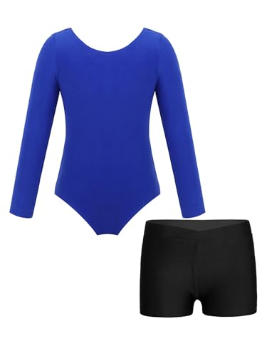 JanJean Kinder Mädchen Turnanzug Langarm Ballettbody mit Sport Shorts Ballettanzug Turnbody Sport Trikotanzug Gymnastik Trikot Leotards Tanzanzug Dunkelblau 152-158 von JanJean