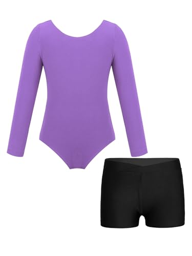 JanJean Kinder Mädchen Turnanzug Langarm Ballettbody mit Sport Shorts Ballettanzug Turnbody Sport Trikotanzug Gymnastik Trikot Leotards Tanzanzug Lavendel 128-134 von JanJean