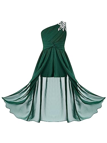 JanJean Mädchen Brautjungfern Kleider Festlich One Shoulder Ballkleid Festzug Hochzeit Geburtstag Cocktailkleid Abendkleid Grün 134-140 von JanJean